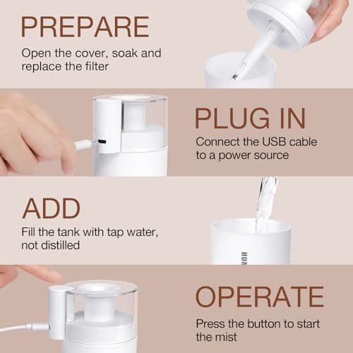 Portable Mini Humidifier, 180ml USB Cool Mist Small Humidifiers for Bedroom, Personal Desktop Humidification for Car Office Travel & Indoor Plants(White) - Thumbnail 6