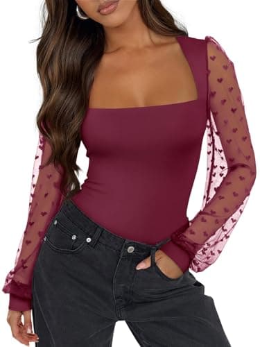PINKMSTYLE Women’s Puff Sleeve Square Neck Bodysuit Sheer Heart Mesh Double Lined Slim Fit Top for Date Night Medium - Image 1