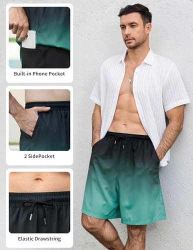 Aprolive Mens Board Shorts Above Knee Swimwear Bathing Suits 2026 Trend Shorts Summer Beachwear Bathing Suit for Men(Black Green Gradient,X-Large) - Thumbnail 6