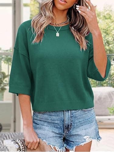 LaGracia Womens Short Sleeve Sweaters Loose Fit Oversized Cropped Sweaters Knit Crop Summer Tops Crew Neck Casual Knitted Top 2026 Aquamarine L - Thumbnail 3