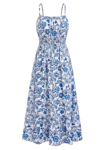 BTFBM Summer Dresses for Women 2026 Sundresses Sleeveless Spaghetti Strap Boho Beach Vacation Outfits Spring Maxi Dress(Floral White Blue, Medium) - Image 1