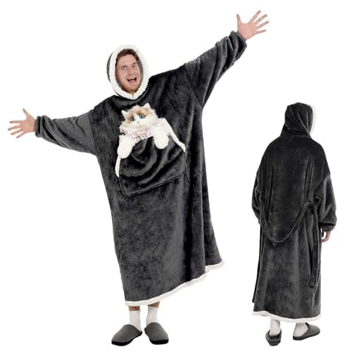 Wearable Blanket Hoodie with Cat Pouch, Oversized Hooded Blanket Sweatshirt Blanket Robe for Men, Cozy Warm Cat Lover Gift, Plus Size Dark Gray - Image 1