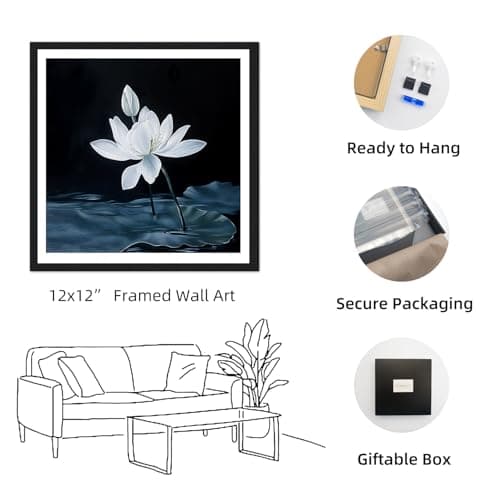 Framed Lotus Flower Wall Art, Small Zen Botanical Picture Print, 12x12” - Thumbnail 2