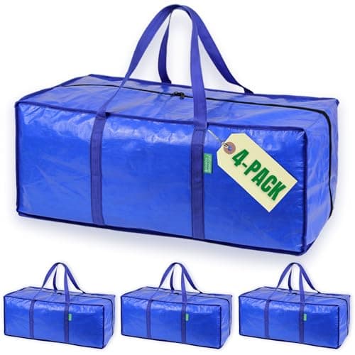 Creative Green Life Extra Large Moving Bags and Clothing Storage Bins with Strong Zipper & Carry Handles, Stackable, Heavy Duty Packing Moving Boxes for College Dorm Room Essentials (Blue, 4 Pack)