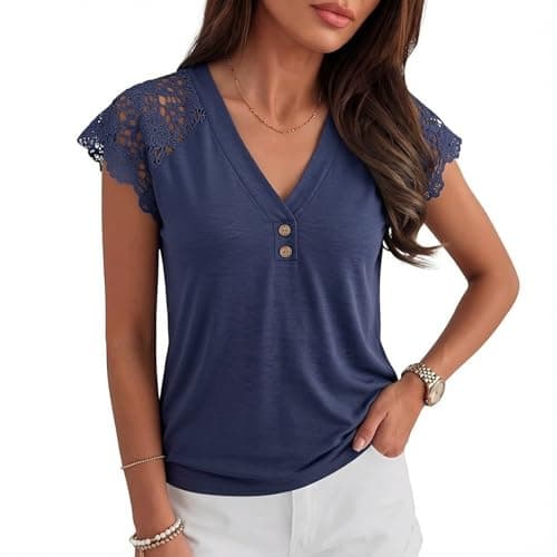 Angashion Womens Tops Lace Short Sleeve Casual V Neck Tunic with Button Summer Elegant Business Work Blouse Navy Blue X-Large - Thumbnail 5