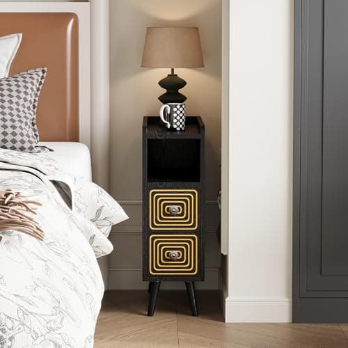 ALWXIA Nightstand Set of 2,Wooden Nightstand with Double Drawers and Open Storage Compartments,Carved Craft,Suitable for Bedroom,Living Room,Guest Room (Narrow nightstand-Black-03, 2 Packs) - Thumbnail 4