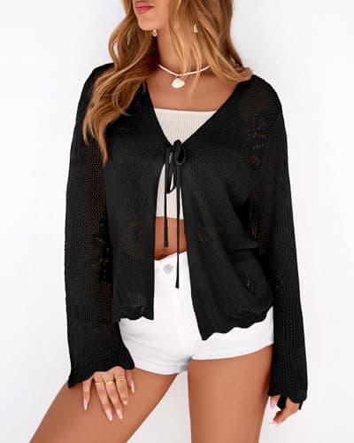 BTFBM Summer Cardigans for Women Lightweight 2026 Spring Crochet Hollow Out Long Sleeve Tie Front Beach Vacation Coverups(Black, XX-Large) - Thumbnail 4