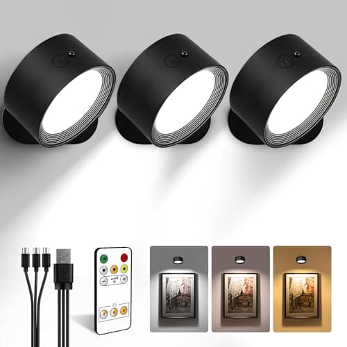 LED Wall Mounted Lights, Rechargeable Wall Sconces with Remote & Touch Control, 3 Color Temperatures 360° Rotation Dimmable Cordless Wall Light for Bedroom Study Reading Bedside (Black, 3 Pack) - Image 1