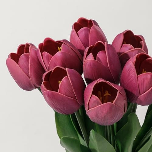 LILUYTO Deep Red Fake Tulips,18.5" PU Artificial Tulips Flowers for Spring Easter Home Kitchen Wedding Bouquet Bulk Mother's Gift Day Decorations - Thumbnail 4