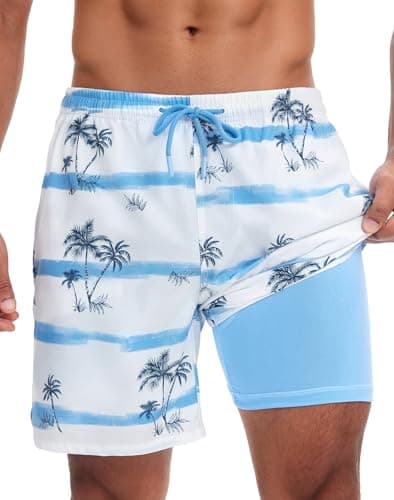 MOSSROZZ Mens Swim Trunks with Compression Liner - 7 Inch 2 in 1 Quick Dry Board Shorts with Zipper Pockets Bathing Suit for Beach, Pool, Vacation, White-Coconut Tree, M - Image 1