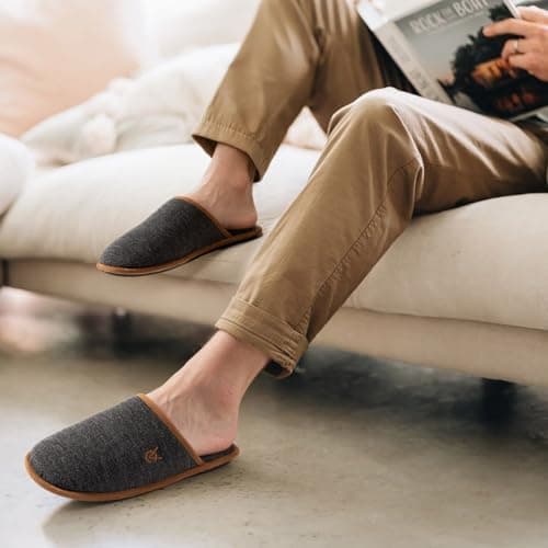 VeraCosy Men's Knitted Scottish Slippers with Soft Memory Foam Non Slip Indoor Rubber Sole Black,9-10 US - Thumbnail 2