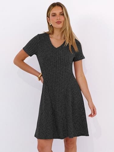 ANRABESS Womens Summer Dresses Casual Short Sleeve Ribbed Knit V Neck Swing A-Line 2026 Spring Vacation Tunics Short Dress Black Large - Thumbnail 2
