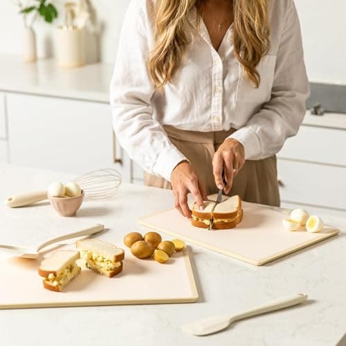 SMIRLY Plastic Cutting Board Set with Holder 4 Pieces, Non-Slip Dishwasher Safe Chopping Boards for Kitchen, Cream White - Thumbnail 6