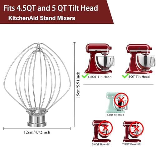LEMEENQ K45WW Dishwasher Stainless Steel Wire Whip Attachment, 6 Wire Whisk fits KitchenAid 4.5 and 5 Quart Tilt-Head Stand Mixers, Dishwasher Safe - Thumbnail 4