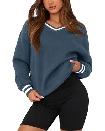PRETTYGARDEN Women's Oversized Sweatshirts Casual Long Sleeve Stripes Knit V Neck Pullover Top Spring Preppy Clothes(Grey Blue,XX-Large)