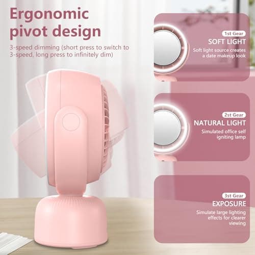 Sunytee 6000mah Rechargeable table Fan, Portable Fan with LED Makeup Mirror 5-Speed Quiet Cooling Fan|3 Level Dimming led vanity mirror with light fan | USB-Powered For Home/Office/Kitchen (Pink) - Thumbnail 3