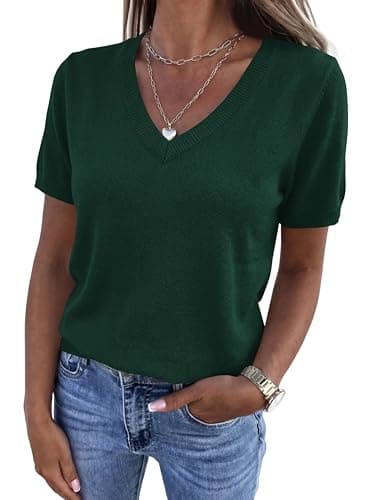 PRETTYGARDEN Womens Short Sleeve Sweaters V Neck Business Casual Tops Lightweight Sweater Shirts 2026 Summer Spring Outfits (Dark Green,XX-Large) - Image 1