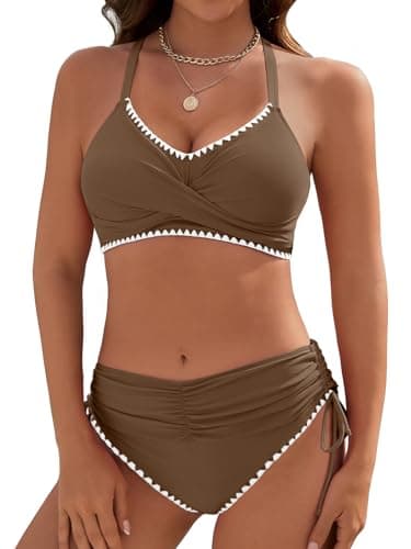Dridreo Women's Bikini Sets V Neck High Waisted Swimsuits Shell Stitched Two Piece Swimsuit Tie Side Swimwear Brown M - Image 1