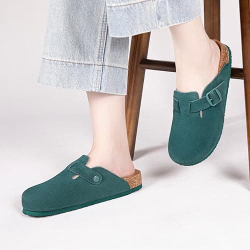 Brelzo Calvior Women's Suede Clogs Men's Slip-On Leather Mules Non-Slip Potato Shoes Arch Support Sandals with Adjustable Buckle for Indoor & Outdoor Use Peacock Green - Thumbnail 2
