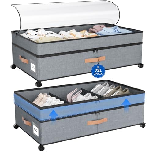 Mqaue Storage Box,Under Bed Storage with Wheels 72L XXL Under the Bed Storage Containers Large, 10‘’ Tall Adjustable Storage for Underbed with Lids, Rolling for Shoes, Clothes, Blankets, Grey - Image 1