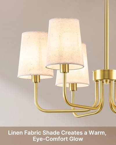 Yunnix 6-Light Gold Chandelier for Dining Room, Modern Chandelier Light Fixture with White Linen Shades, UL Listed Farmhouse Brass Chandeliers for Living Room Kitchen Bedroom Entryway Foyer - Thumbnail 4