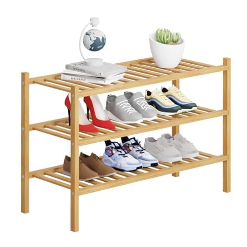 Buymoth 3 Tier Bamboo Shoe Rack Storage Organizer for Closet, Multifunctional Stackable Free Standing Shoe Shelf Organizer for Small Space,Entryway,Hallway,Bathroom 27"x11"x20" (Natural, 3 Tier) - Image 1