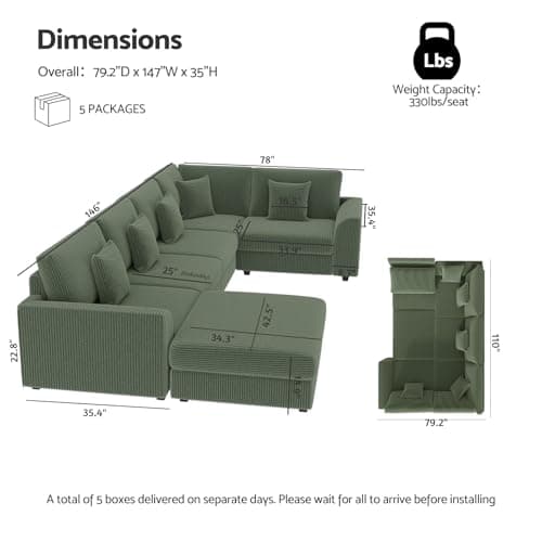 Modular Sectional Sofa, Oversized U Shaped, Convertible Sleeper Sofa, Deep Seat Comfy Cloud Couch with Ottoman and 5 Pillows for Living Room (U Shape Sectional, Green) - Thumbnail 2