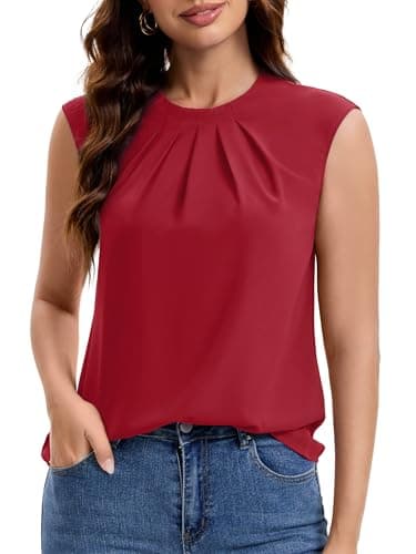 Funlingo Womens Summer Tops 2026 Dressy Casual Short Cap Sleeve Shirts Crew Neck Office Work Blouses Business Formal Outfits Red 2XL - Image 1