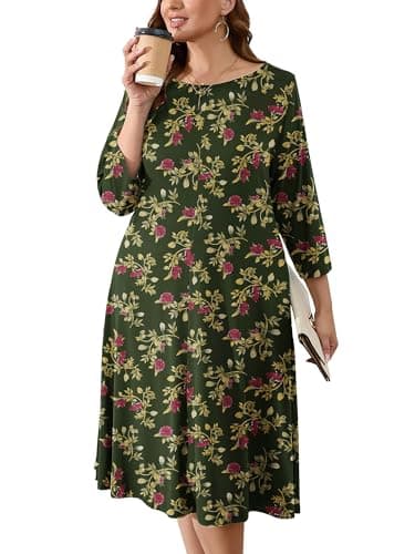 AusLook Women's Plus Midi Dresses Crew Neck A Line 3/4 Sleeves Casual Elegant Loose Flowy Wedding Guest Maternity Vacation Beach Yellow Leaves Rose 3X Dress with Pockets - Image 1