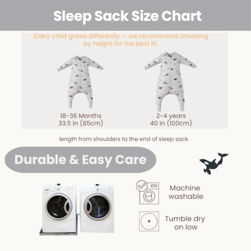AnZai Merino Wool & Organic Cotton Toddler Sleep Sack with Feet – Removable Sleeves, Wearable Blanket with Legs (Grey Orca Dreams, 3-4 T) - Thumbnail 5