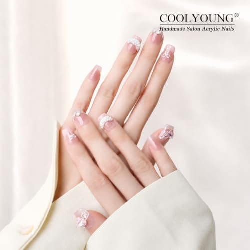 Handmade Nails Press On Nails Pink Short Square Nails Women Gift Ideas 3D Nailphoria Press Ons Nails For Women COOLYOUNG Artificial Nails, 15 PCS, Size L - Thumbnail 5
