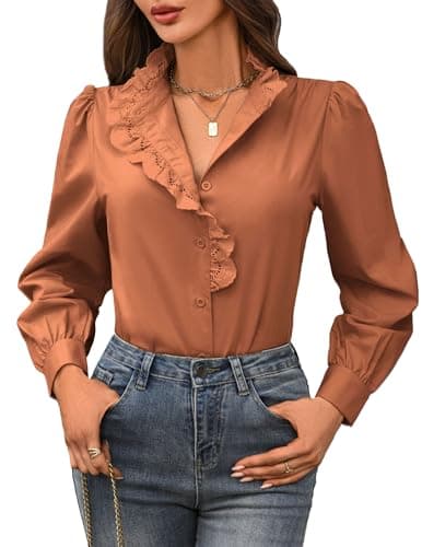 LOOKBOHO Women's Fall Button Shirts - Ruffle Neck Long Sleeve Tops Dressy Elegant Solid Retro Blouse for Work, Office, Casual, and Formal Wear Brown Large - Image 1