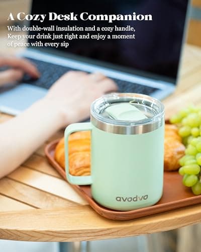 avodvo 12oz Insulated Coffee Mug with Lid – Includes Two Lids, Stainless Steel Coffee Travel Mug with Handle, Double Wall Vacuum Insulated Camping Mug for Home, Office & Outdoor, Mint Green - Thumbnail 5