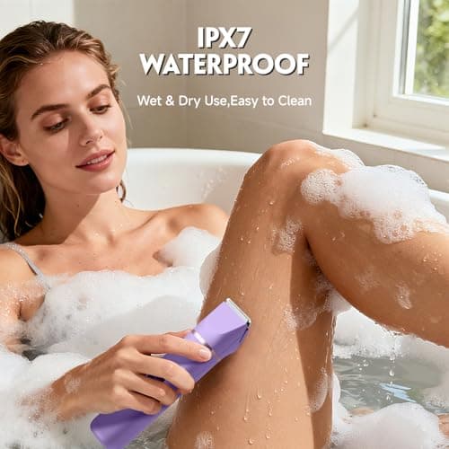 Bikini Trimmer for Women, Tiovara Painless Electric Razors Shaver IPX7 Waterproof Cordless Body Hair Trimmer Pubic Hair Removal with USB Charge Dock for Underarm Leg Arm Body Face Silk Skin (Lilac) - Thumbnail 6