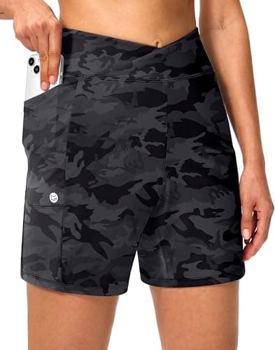 Women's Athletic Shorts 6" High Waisted Stretchy Bermuda Shorts for Women Quick Dry Summer Casual Shorts(Black Camo B,M) - Image 1