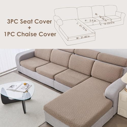 Couch Cushion Covers Waterproof, Couch Covers for 3 Cushion Couch Sofa Pet Friendly, Stretch Sectional Couch Covers Non Slip, Washable, Sofa Slipcovers with Elastic Bottom (3 Seater + 1 Chaise) - Thumbnail 6