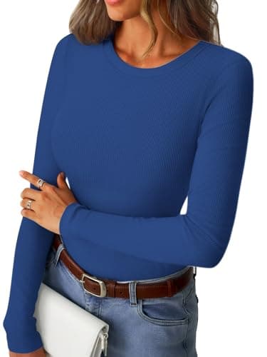 GKBK Ribbed Long Sleeve Shirts for Women Fitted Basic Tight T-Shirts Crewneck Cute Layering Tops Lightweight Fall Sweaters 2026 Fashion Clothes Outfits Royal Blue