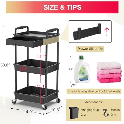 Goovilla 3 Tier Rolling Utility Cart Organizer with Removable Drawer, Stable and Sturdy Black Rolling Storage Carts with 2 Lockable Wheels for Bathroom, Kitchen, Snack, Craft, Makeup, Baby Essentials - Thumbnail 4