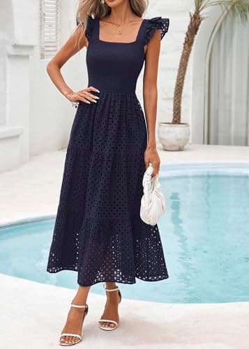 Lazysmile Womens Summer Maxi Dress Square Neck Ruffle Cap Sleeve Hollow Out Eyelet Smocked Tiered A Line Boho Sundress Navy - Thumbnail 6