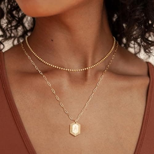 LOYATA Layered Gold Necklaces for Women，Initial Pendant Necklace for Women Tiny Beaded Necklace Chain Hexagon Dainty Letter Necklace Gold Trendy Jewelry for Women - Thumbnail 4