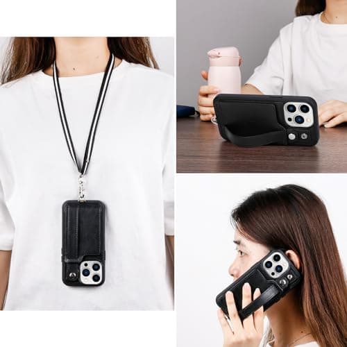 TOOVREN Phone Cover Compatible with iPhone 15 Pro Max Case with Wallet Strap Card Holder Stand Leather Cover Fits iPhone 15 Pro Max Wallet Case Lanyard for Women & Men 6.7 Inch Black - Thumbnail 6