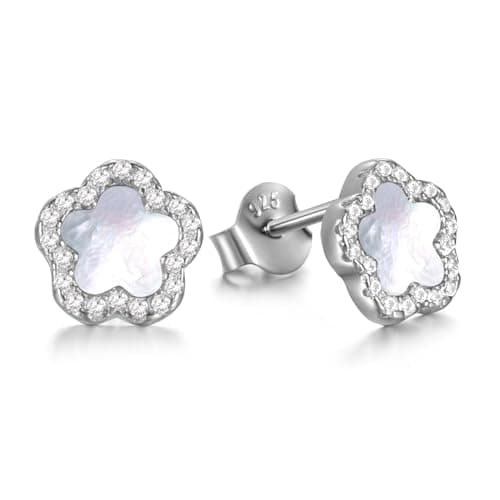Evensee Five Leaf Clover Earrings Mother of Pearl 925 Sterling Silver, Rhodium Plated White Pearl Flower Studs Plum Blossom, Mothers Day Gift VCA Style for Women - Image 1