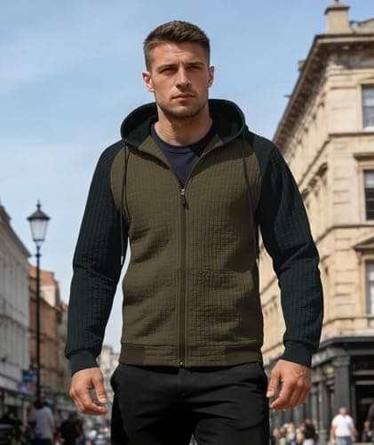 Men's Lightweight Waffle Knit Jacket Zip Up Hoodie Long Sleeve Drawstring Casual Plaid Jacquard Sweatshirt with Pocket - Thumbnail 2