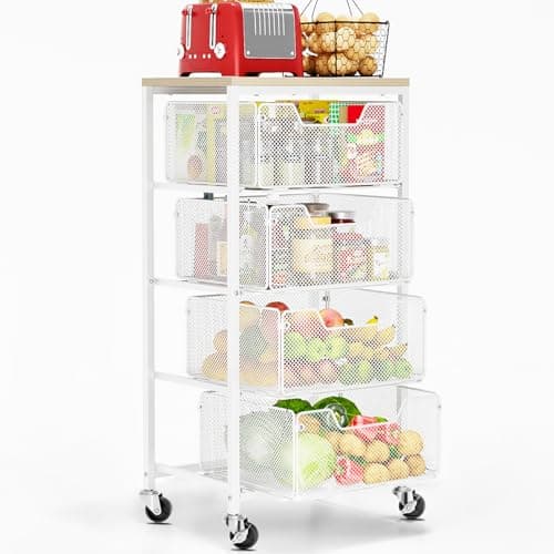 Goovilla Kitchen Cart with Drawers, 4 Tier Metal Rolling Utility Cart Organizer on Lockable Wheels with Wooden Top, White Fruit Vegetable Storage Rack Also for Cans, Snack, Craft, Art, Office, Beauty - Image 1