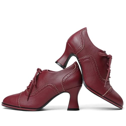 Yremael Women's Red Oxfords Dress Wingtip Vintage Comfortable Chunky High Heel Lace Up Brogues Booties - Thumbnail 5