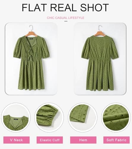 Dokotoo Green Dresses for Women Eyelet Dresses 2026 Tie Front V Neck Cotton Midi Dress Short Sleeve A Line Hollow Out Embroidered Dress Fashion Elegant Tie Tie Front Dresses Medium - Thumbnail 4