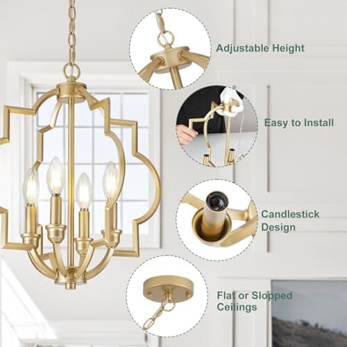 ACANER 4-Light Small Gold Chandelier, 15.6 inch Farmhouse Light Fixtures for Dining Room, Champagne Gold Pendant Light for Entryway Foyer Kitchen Island - Thumbnail 3
