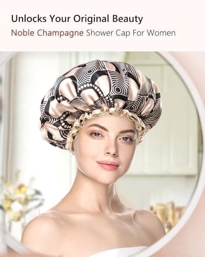mikimini Large Shower Cap for Women Long Hair, Champagne Shower Caps with Lace, Double Layer Waterproof, Reusable, Washable, High-quality - Thumbnail 6