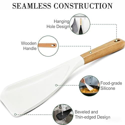 Silicone Cooking Spoon for Nonstick Cookwares - Heat Resistant Silicone Spatula & Serving Spoon, BPA-Free Wood Handle Spoon for Mixing Scoop Scrape, Kitchen Utensils Set Alternative(Black+White) - Thumbnail 3