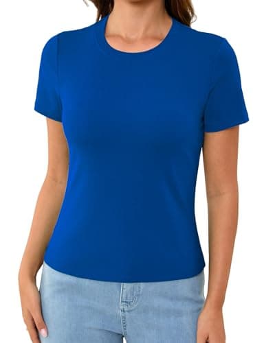 Abardsion Cotton Basic Tees for Women Spring Outfits Tops 2026 Short Sleeve Crewneck Slim Fit T Shirts (Royal Blue, M)